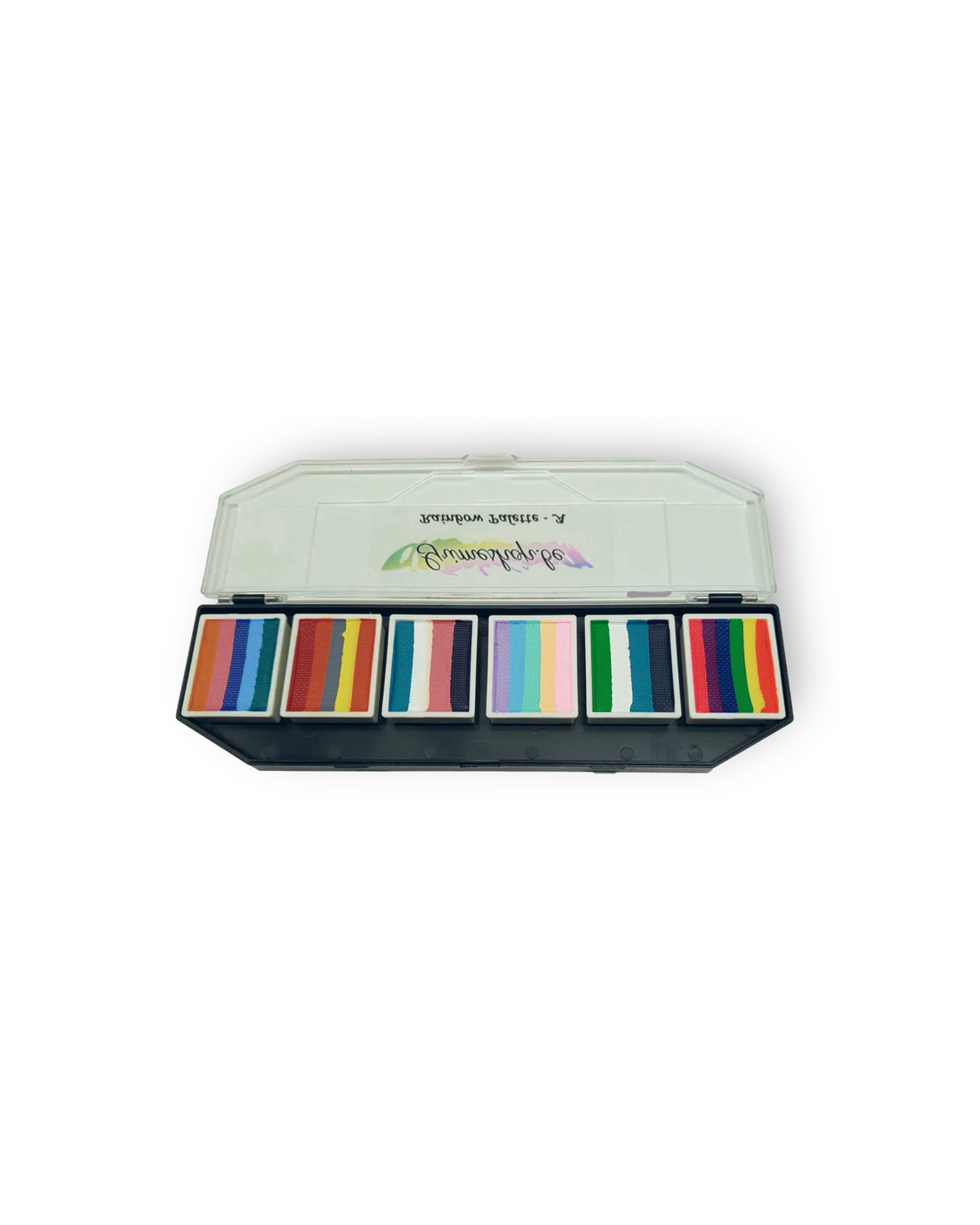 Splitstroke splitcake onestroke AQ Schmink regenboog palet Grimeshop MiKimFX BV uit Wielsbeke Ateljee G Kindergrime Glittertattoos Workshop Webshop uit Dendermonde
