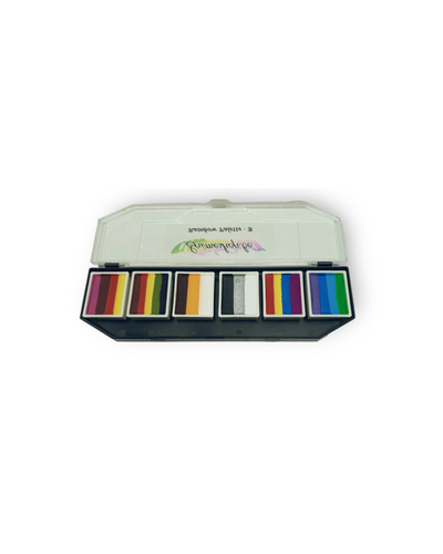 Splitstroke splitcake onestroke AQ Schmink regenboog palet Grimeshop MiKimFX BV uit Wielsbeke Ateljee G Kindergrime Glittertattoos Workshop Webshop uit Dendermonde
