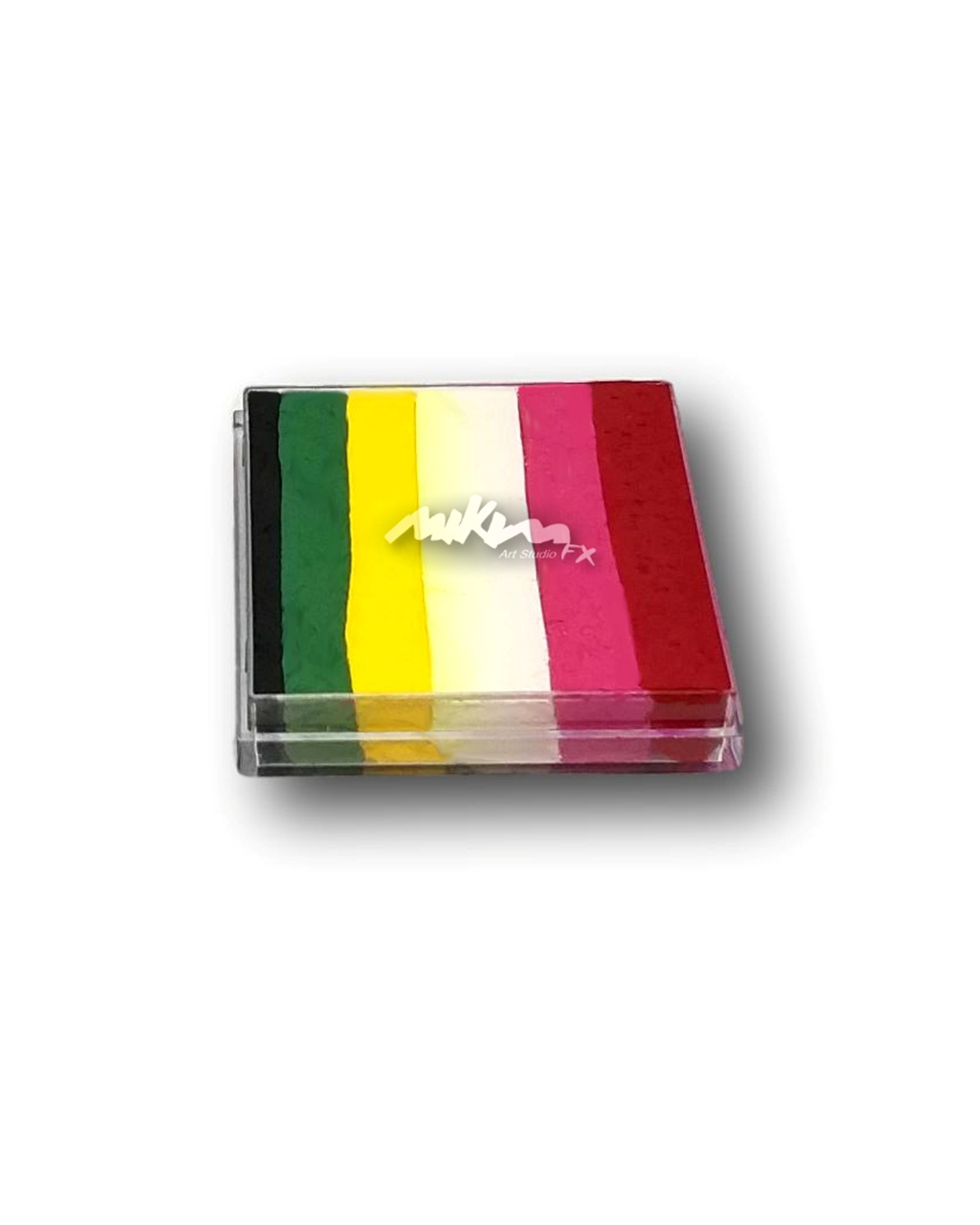 Splitstroke splitcake onestroke AQ Schmink regenboog MiKimFX BV uit Wielsbeke Ateljee G Kindergrime Glittertattoos Workshop Webshop uit Dendermonde