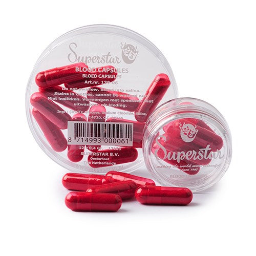 Bloedcapsules nepbloed bloed Superstar Special Effects Special FX SFX Ateljee G Kindergrime Glittertattoos Workshop Webshop uit Dendermonde